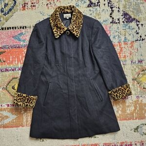 VTG Lorovi 70s Leopard Print Trim Faux Fur Coat Womens Size 10 Collared Overcoat
